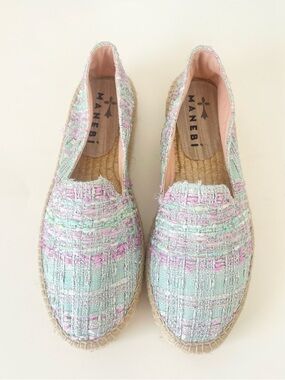 Manebi tweed pastel Metallic double sole Woven Espadrilles 39 NEW US 8